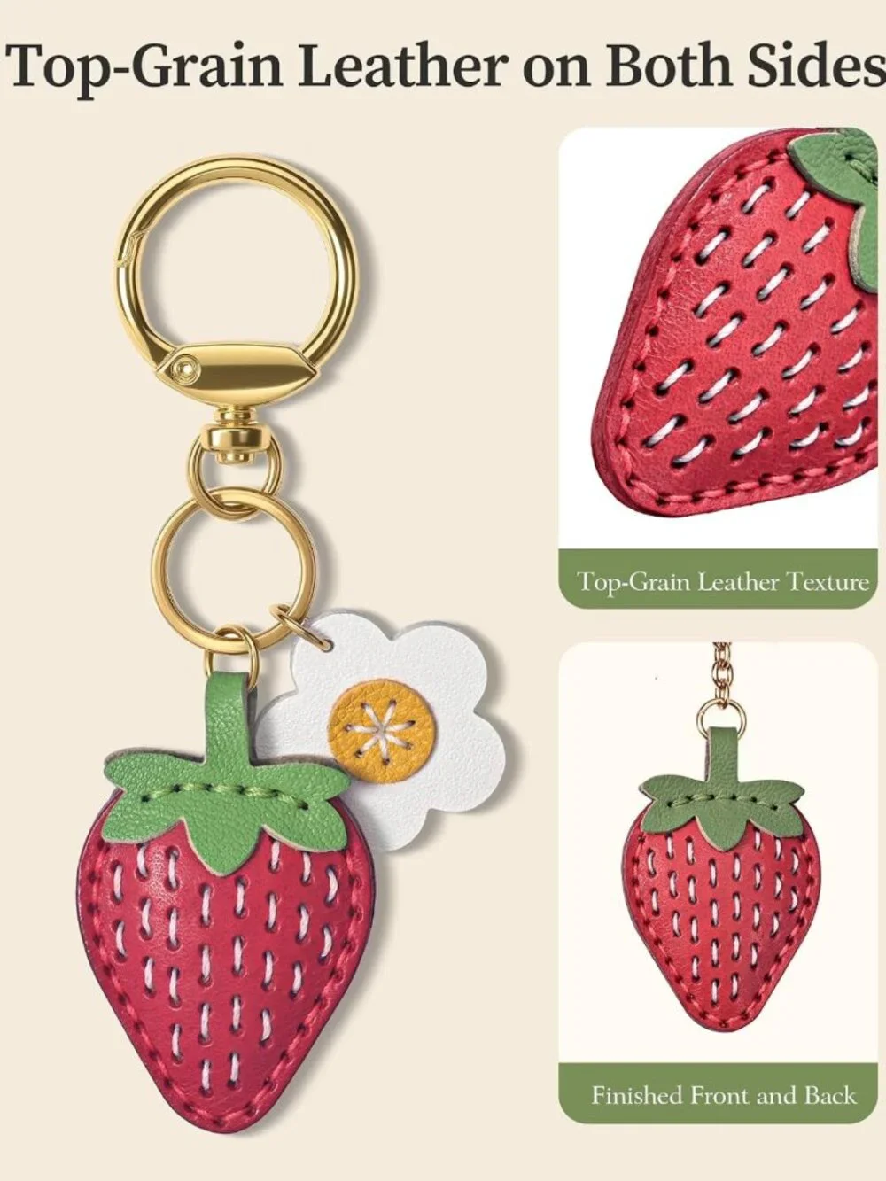 Handmade Double-Sided Strawberry Bag Charm | Top-Grain Leather Purse Accessory